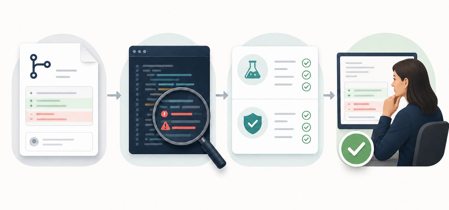 Workflow from pull request through AI review and automated checks to human approval